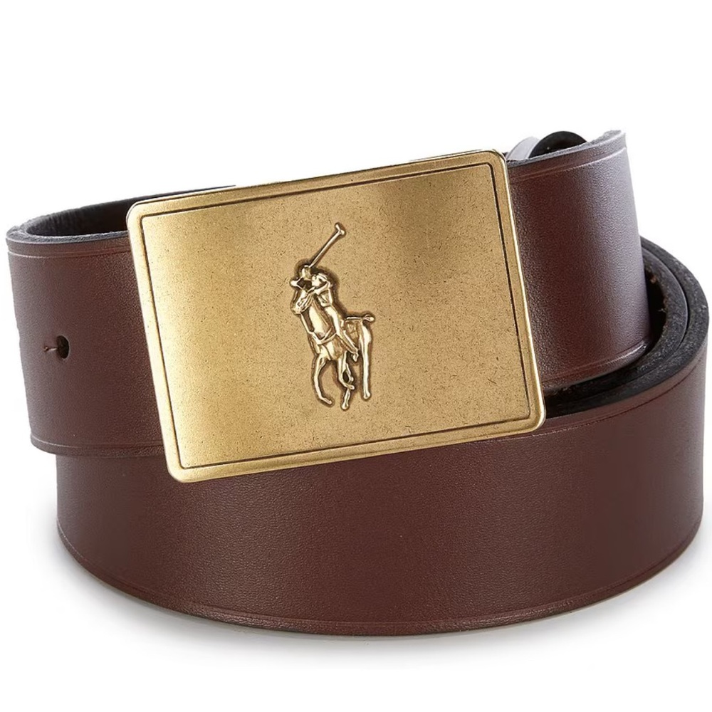 NWT  Polo Ralph Lauren Men’s Brown Leather Belt with Big Pony Gold Buckle. Sz:42